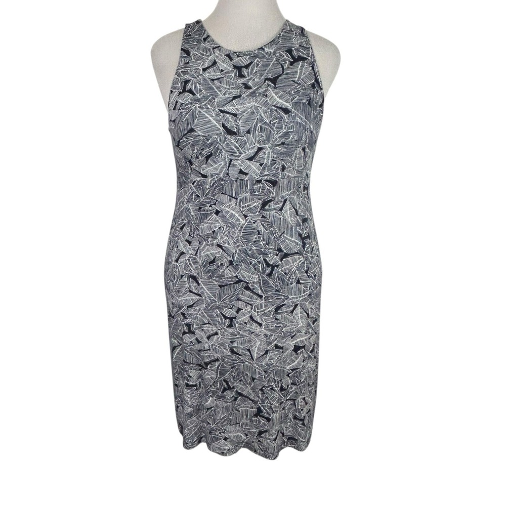ATHLETA A-Line Jersey Knit Tropical Print DRESS M Blue Stretch Bodycon Casual